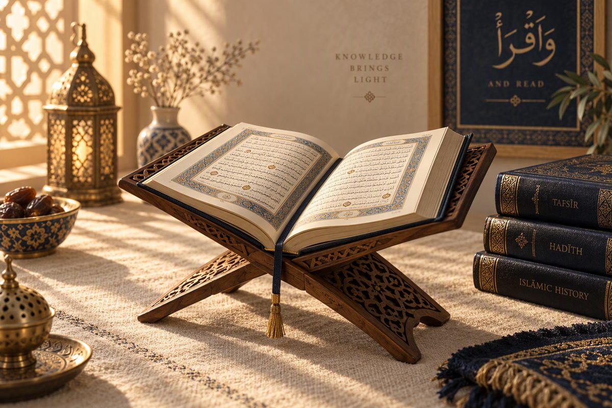 An open Qur'an resting on a carved wooden stand in warm morning light