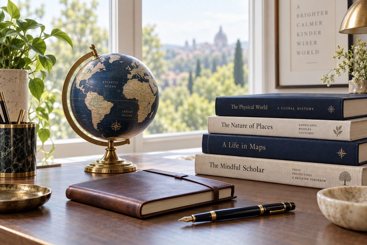 A study desk with a globe and books beside a bright window